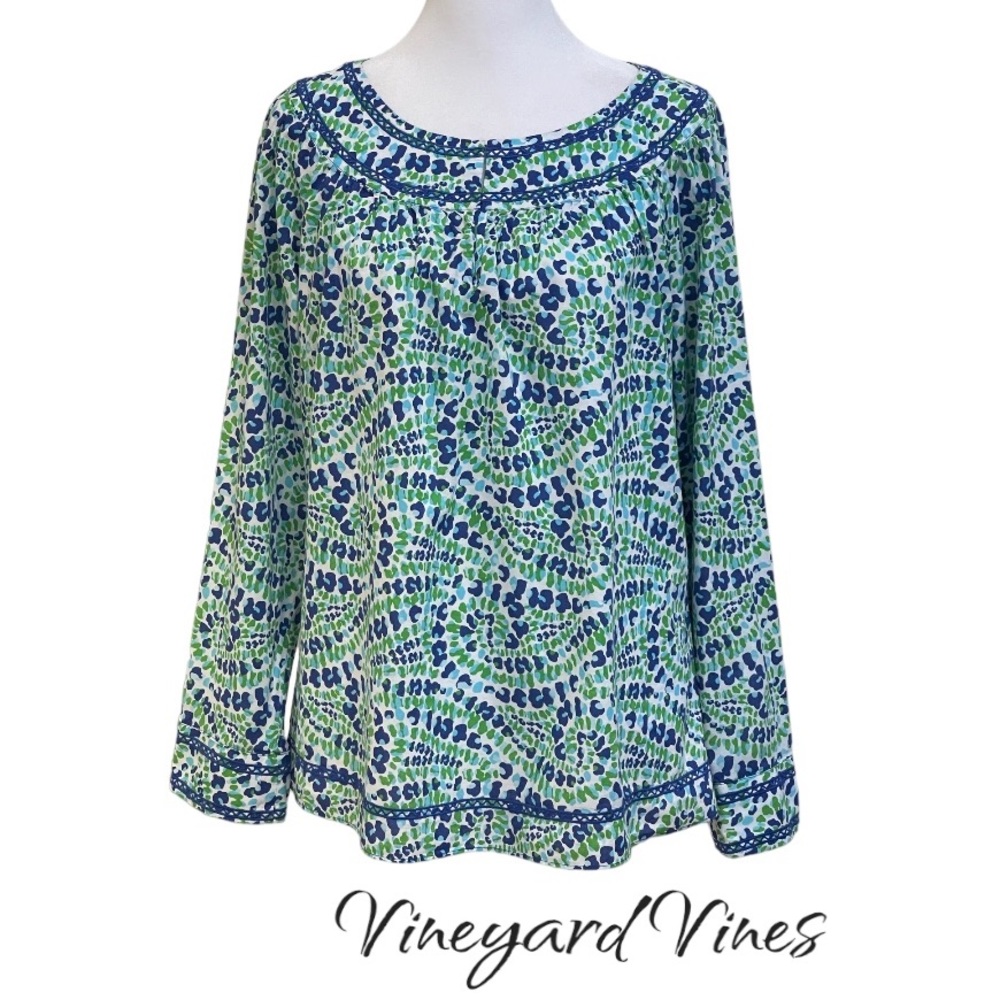 Vineyard Vines Blue Green Swirl Print Peasant Top Sz S Cotton Long Sleeves